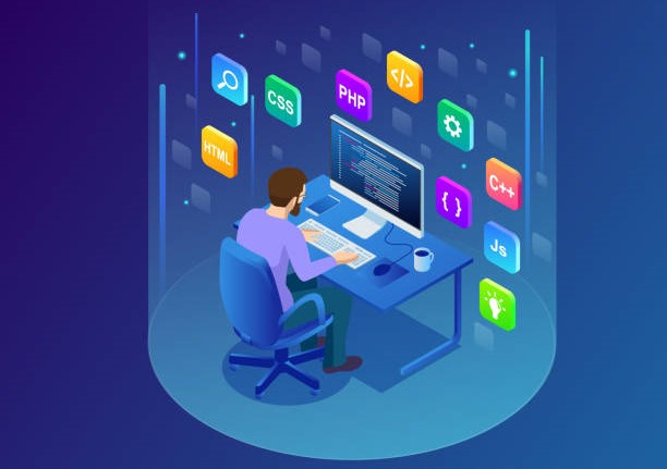 Developer workstation with tech icons